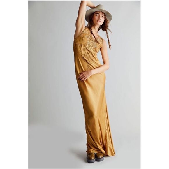Free People Brenda Knight Laced Slip Dressing gold color size S - Picture 2 of 10